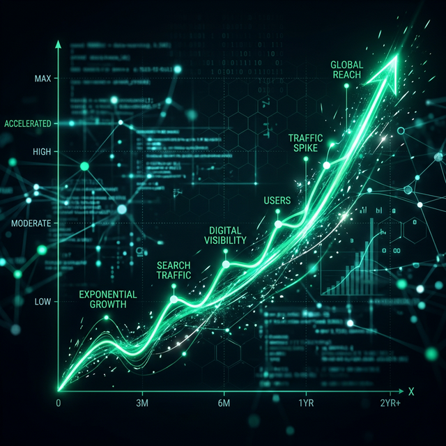 An abstract glowing emerald green line chart soaring upwards on a dark background visualizing exponential digital growth and search traffic